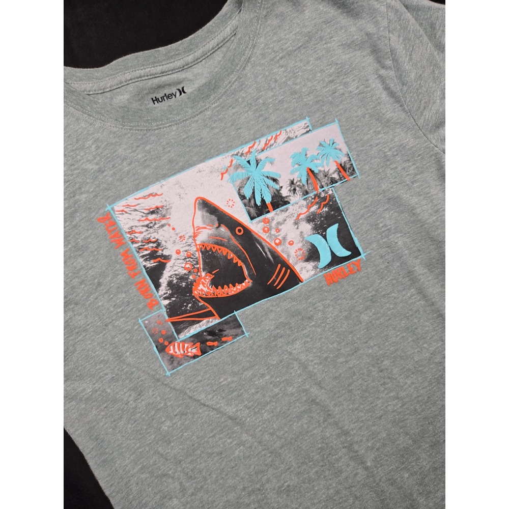 Hurley‎ Kids TShirt XL Shark Palm Tree Graphic Tee Youth Boys Girls Gray